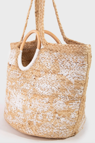 FAME ACCESSORIES WHITE FLORAL JUTE TOTE
